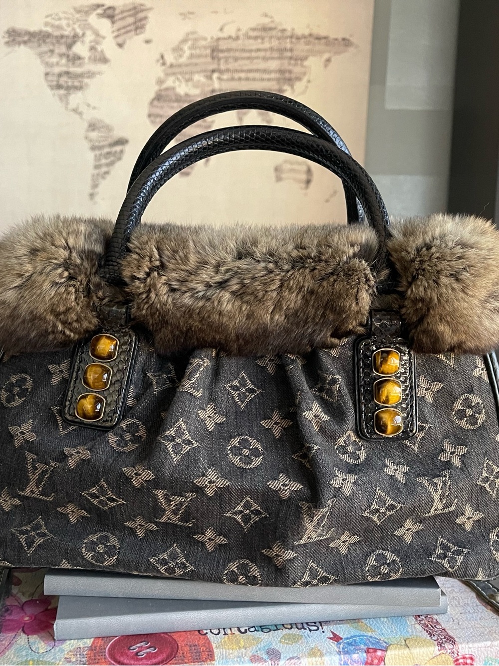 Louis Vuitton dark grey Monogram  with Fur Trim Chinchilla grey denim bag